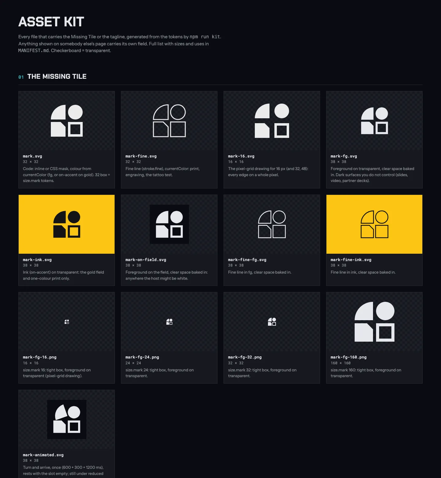 The asset kit page: the Missing Tile as SVG and PNG in several variants (solid, fine line, pixel-grid 16 px, on gold), each labelled with its file name, size and use.