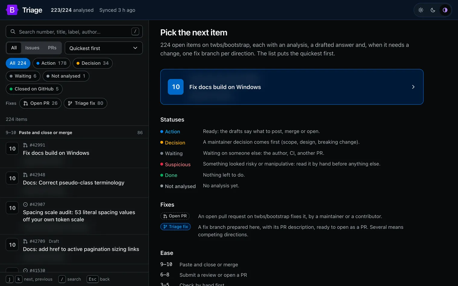 The Bootstrap triage dashboard in its dark mode. The top bar reads 223 of 224 analysed. On the left, a search field, All, Issues and PRs tabs, a Quickest first sort, status chips (Action 178, Decision 34, Waiting 6, Not analysed 1, Closed on GitHub 5) and two fix filters, Open PR 26 and Triage fix 80. Under them, the group 9 to 10, paste and close or merge, with 86 items, each with its ease, number and title, such as pull request 42991, Fix docs build on Windows; the planned outcome under each title is blurred. On the right, Pick the next item, with a card proposing pull request 42991, its outcome blurred too, then the meaning of each status, of the two fix badges and of each ease band.
